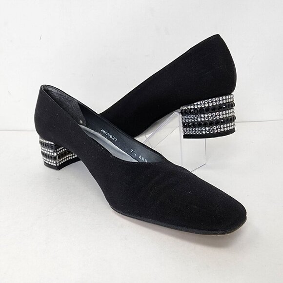 Stuart Weitzman Dressy Black Satin Block Heel with Rhinestons, Women's 7.5 AAA - Picture 3 of 16
